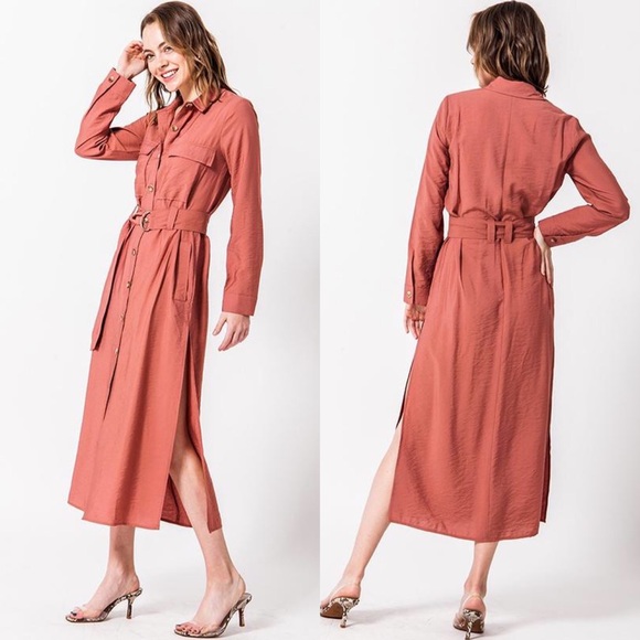 Pink Jungle Dresses & Skirts - Button Down Midi Shirt Dress With Belt